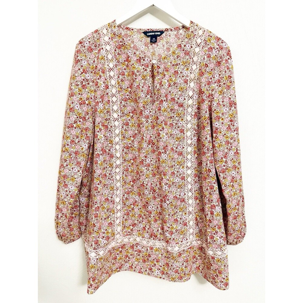 Lands' End Women's Cotton Tunic Top Ditsy Floral Long Sleeve w/ Lace Detail 2X - Picture 3 of 15